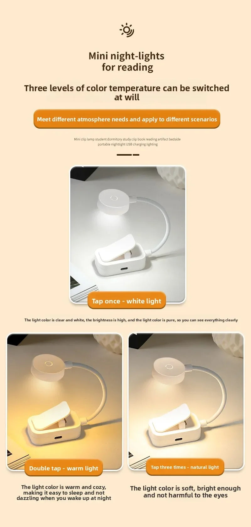 Caddy Co. Rechargeable LED Clip Light - USB Study & Reading Lamp